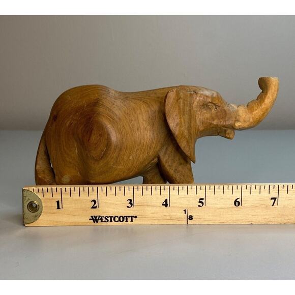 Vintage Wood Elephant Hand Carved Trunk Up Artisan Made Primitive Art 6 x 3" - Picture 9 of 9